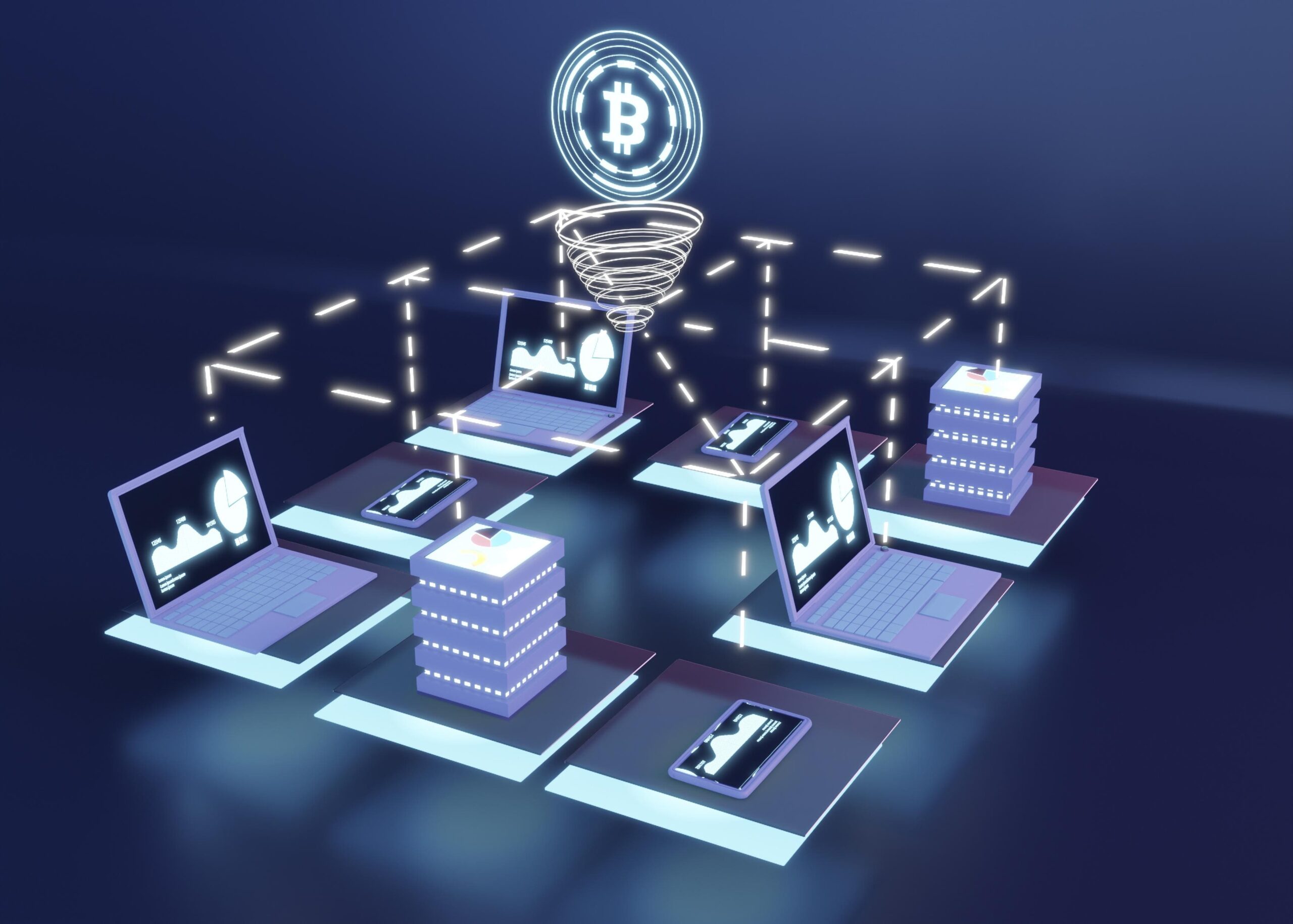 توكينزيشن - تمثيل مرئي لشبكة بلوكتشين ورمز بيتكوين في بيئة رقمية ثلاثية الأبعاد (Image by Freepik )